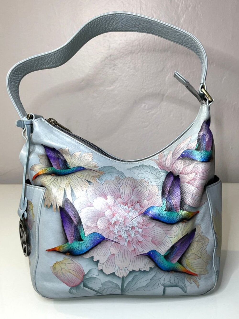 Anuschka Rainbow Birds Humming Flowers Hand Painted Shoulder Bag